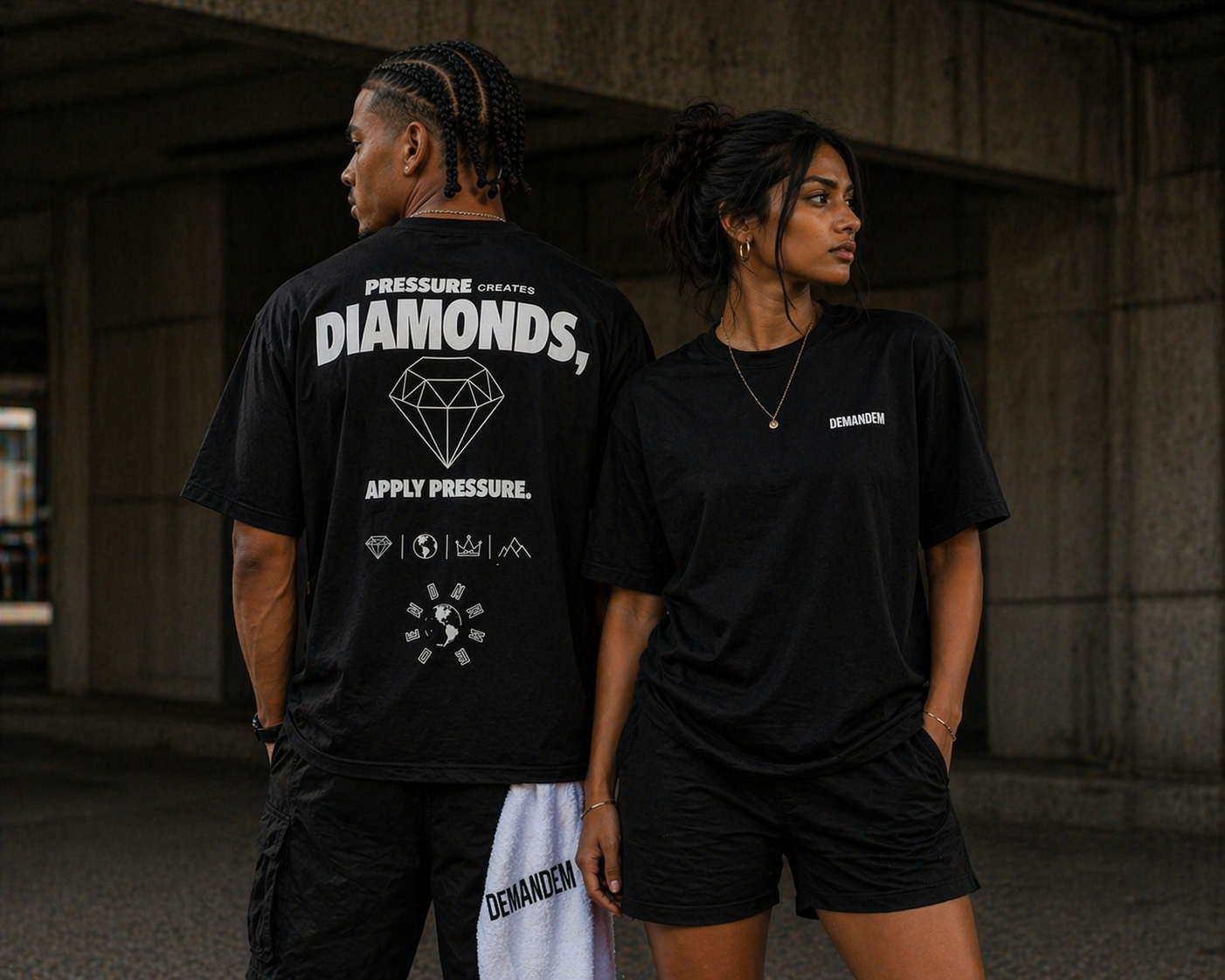 Couple wearing the Demandem tee