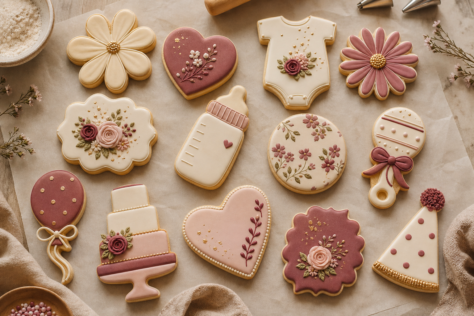 Decorated celebration cookies in floral, party, and shower shapes