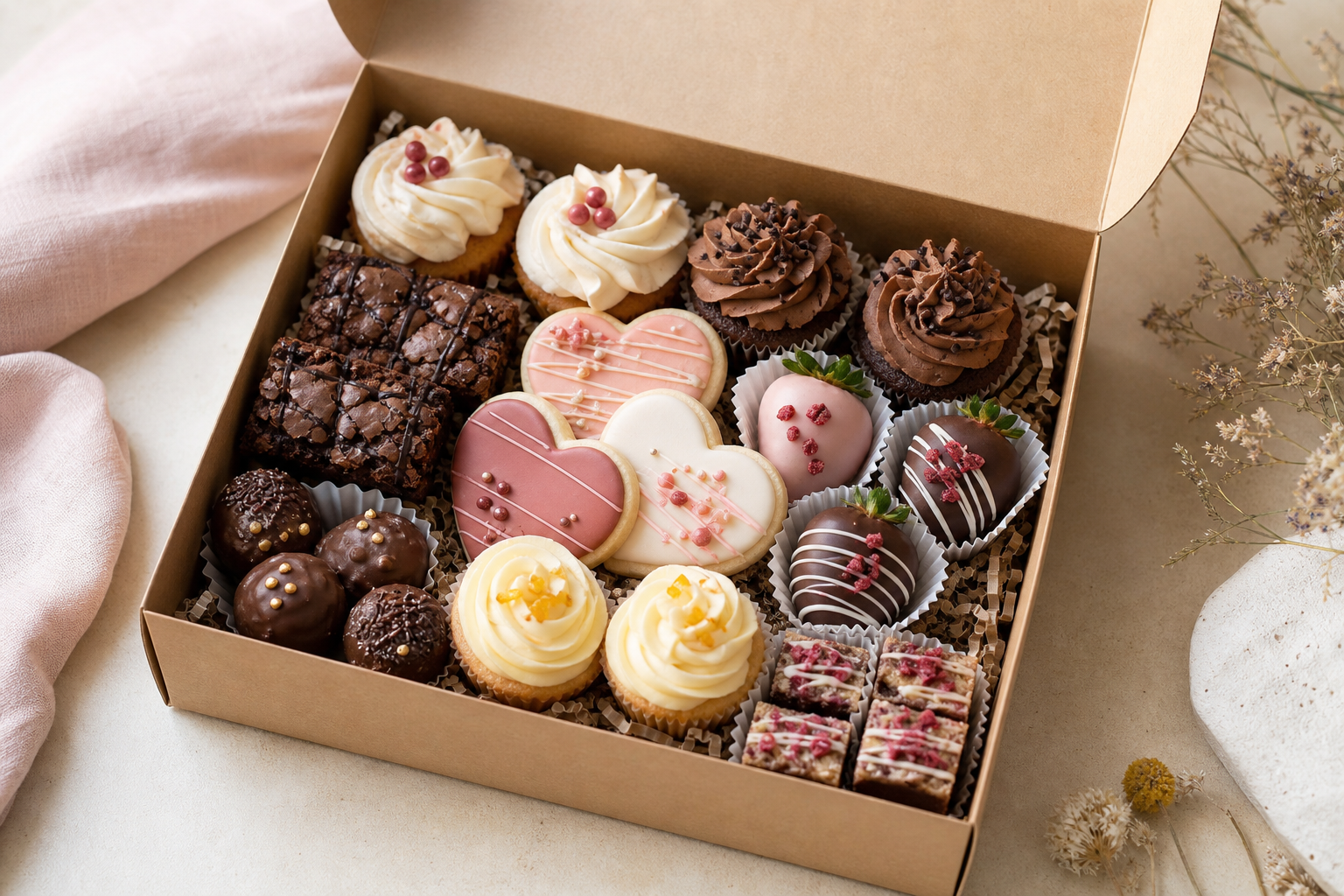 Dessert box with cupcakes, cookies, brownies, and dipped treats