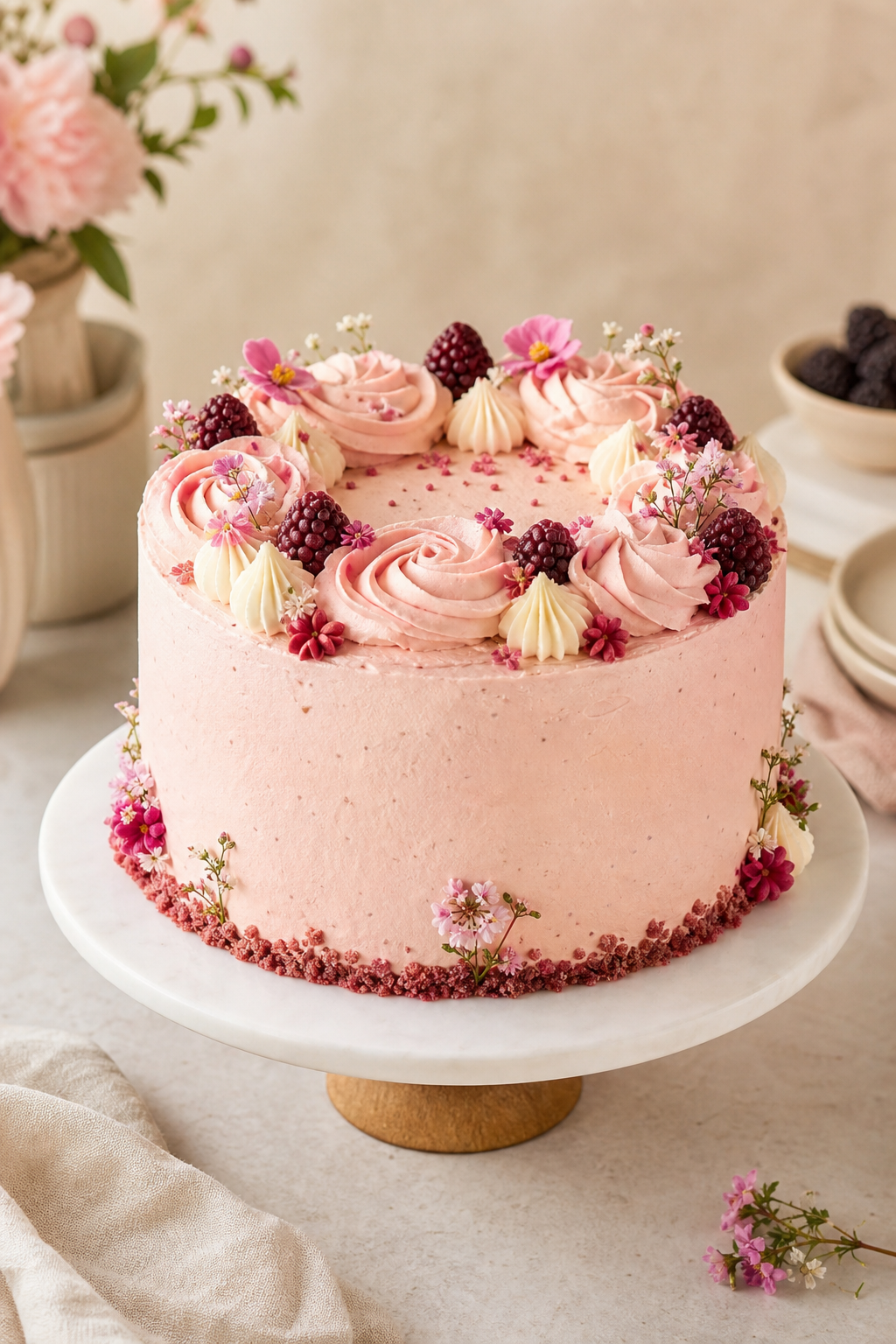 Floral blush birthday cake with buttercream piping