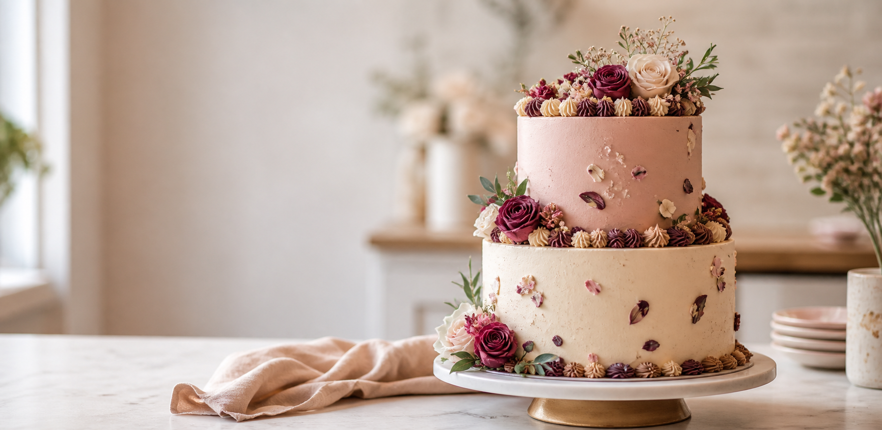 Two-tier custom cake with blush and berry florals